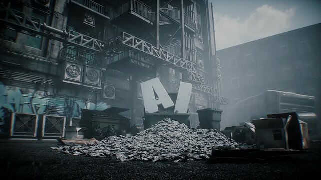 AI letters and piles of US dollars discarded in a garbage bin, symbolizing wasted investment, financial losses and expensive artificial intelligence technology becoming obsolete.