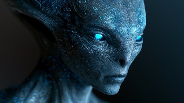 Portrait of an alien with glowing blue eyes in dark space.