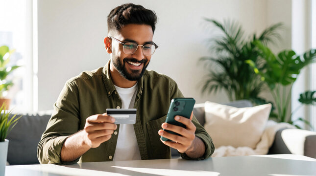 Smiling young Indian man uses smartphone, credit card for online shopping at home. Happy guy performs mobile payment e-banking via app. Male client buys goods books services using mobile tech,
