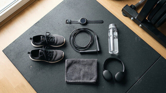 Flat lay photography of everyday carry items including a watch headphones and a small leather wallet