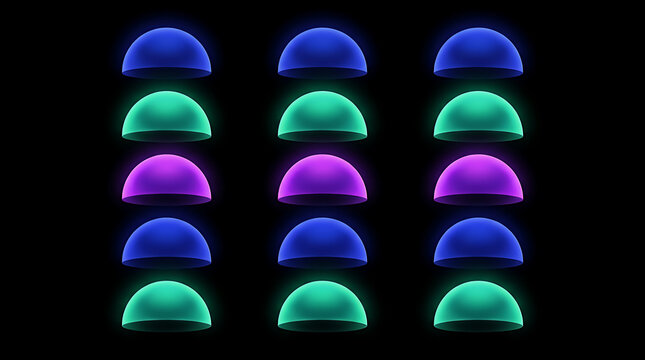 Abstract background featuring a grid of glowing colorful semi circles against a solid black backdrop