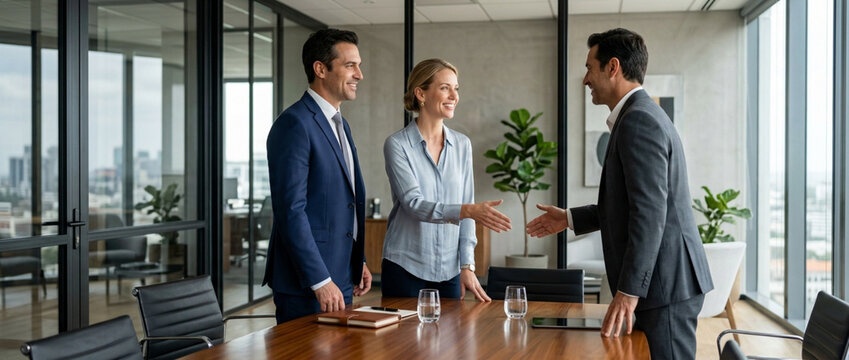 Business handshake agreement in modern office boardroom with city view