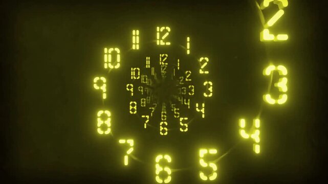 Abstract Neon Clock Numbers Spiral Tunnel Concept Showing Time, Countdown And Futuristic Motion