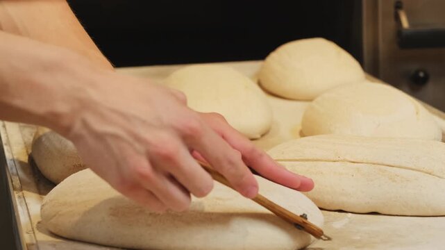 Worker hands with razor scores unbaked loaf in workshop closeup. Man baker makes cuts on raw dough buns before baking in electric oven
