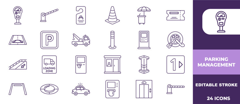 Collection of twenty four parking management and vehicle logistics line icons for modern urban infrastructure designs