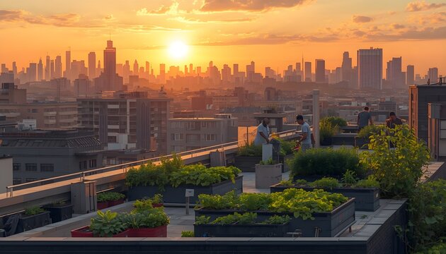 A serene cityscape at sunset with a rooftop garden in the foreground