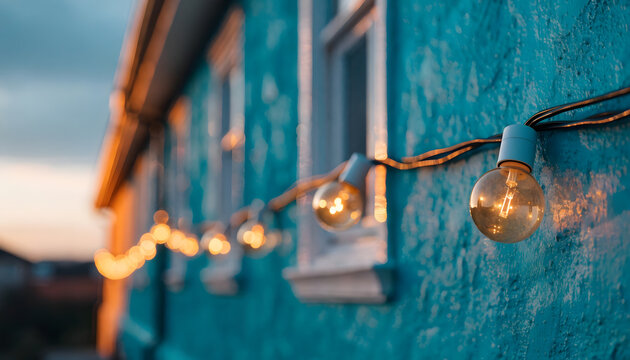 String lights hanging against a rustic blue building wall at dusk. Cozy evening patio lighting. Glowing light bulbs illuminating a bright textured facade