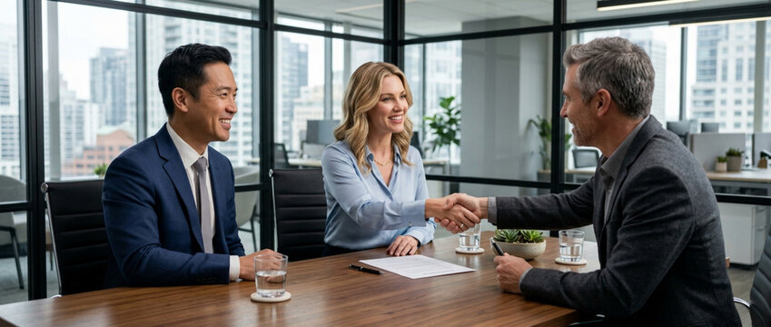 Business handshake agreement in modern office meeting, diverse professionals collaborating