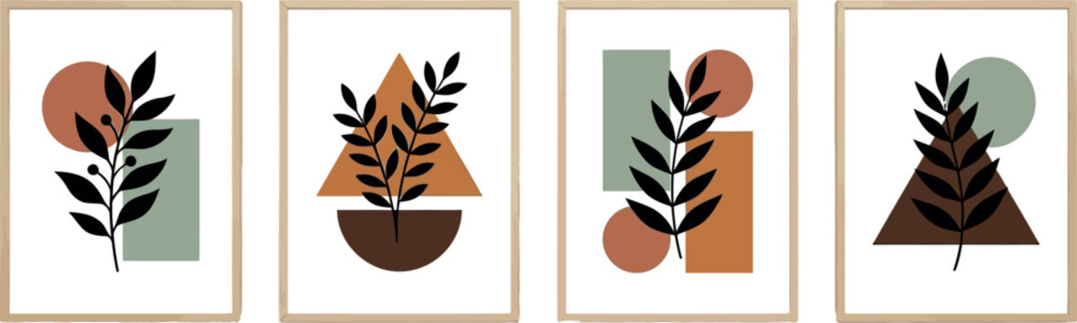 Mid century modern boho wall art print set featuring minimalist black botanical branches and abstract geometric shapes isolated on white background
