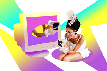 Trend artwork composite banner 3D photo collage of modern meet retro rococo style young lady sit play joystick computer monitor gamer © deagreez