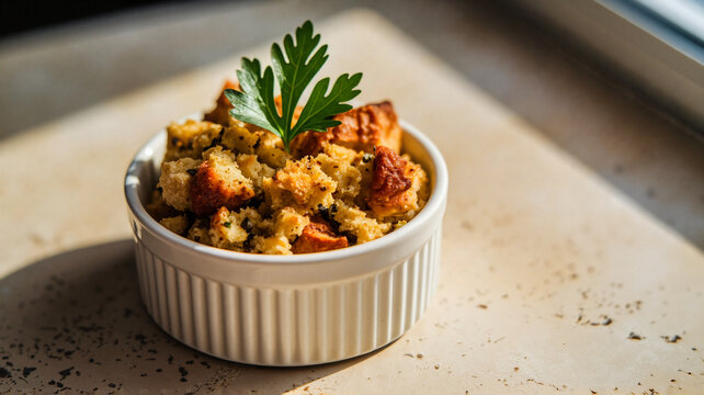 Savory stuffing in a white ramekin garnished with parsley  