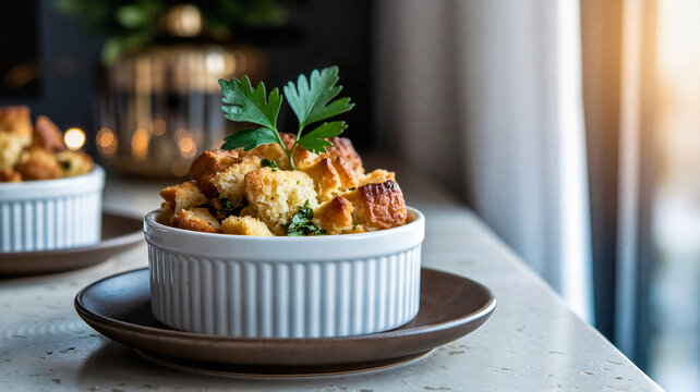 Dish of stuffing with parsley garnish on a table by the window  