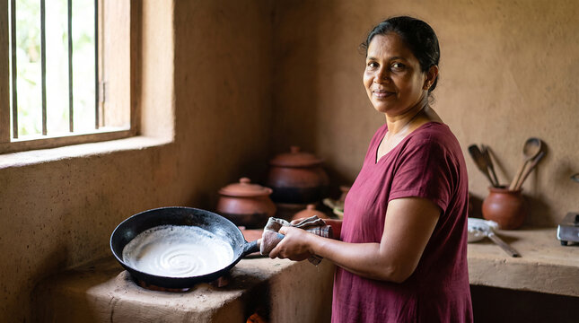 Sri Lankan woman cooking hoppers in a village kitchen, swirling batter in a pan over a clay hearth