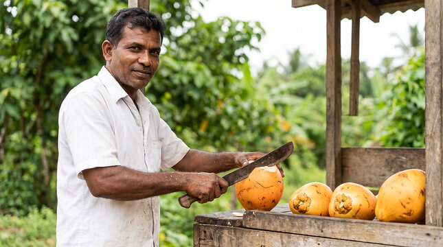 Sri Lankan roadside vendor slicing the top off an orange king coconut with a machete at his stall