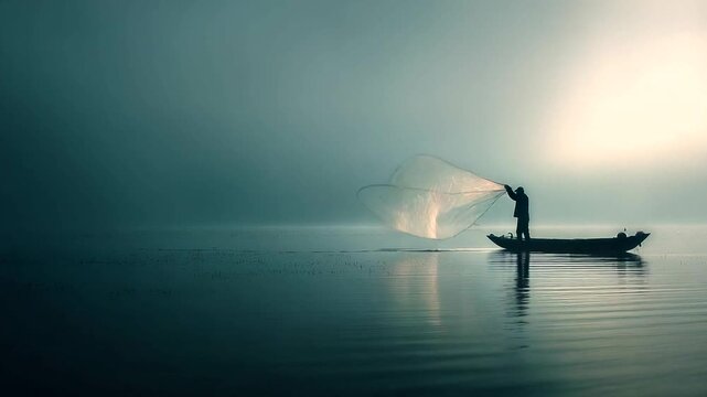 Fisherman Casting Net in Calm Waters.