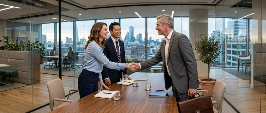 Business handshake agreement in modern office with city view