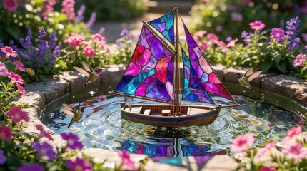 Fototapeta premium Small colorful sailboat floats on water in garden fountain. Vibrant stained glass sails shine in sunlight. Hummingbird birds fly near wooden boat. Beautiful flower garden background with pink, purple