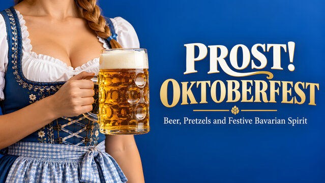 Prost Oktoberfest promotional banner shows a cropped woman wearing a blue dirndl and holding a large frothy beer stein. Golden and cream lettering stands out against a solid cobalt blue background.