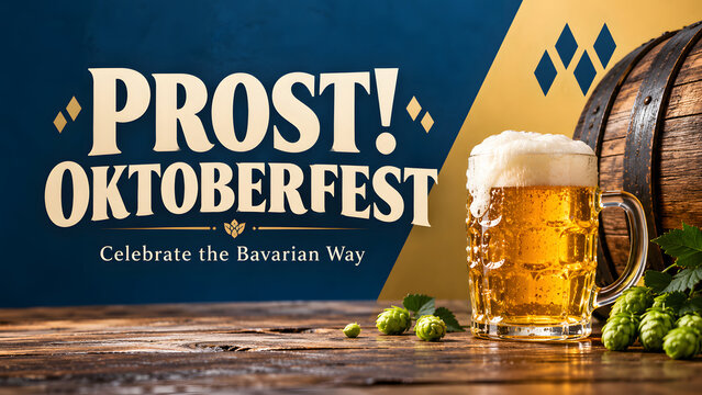 Prost Oktoberfest banner combines cream lettering with a full beer mug, wooden barrel and green hops. Dark navy and warm golden geometric accents emphasize a Bavarian celebration theme.