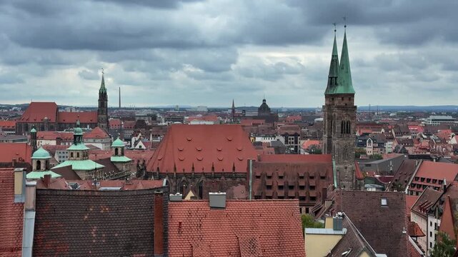 Nuremberg panoramic cityscape with St Sebald church red tiled roofs 4k video
