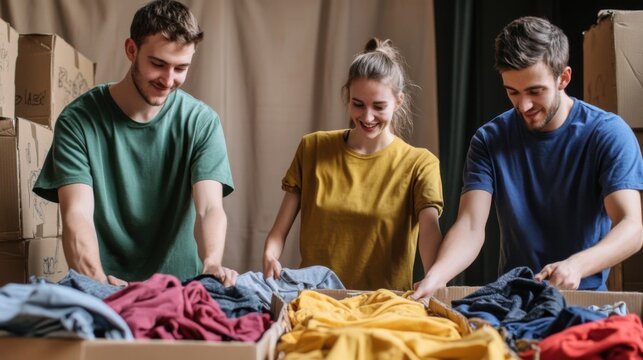 Young Volunteers Sorting Donated Clothes for Charity