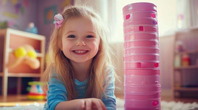 Happy little girl playing with a tall pink tower of plastic cups in a cozy playroom