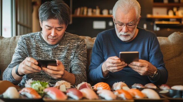 Two Men Eating Sushi While Using Smartphones