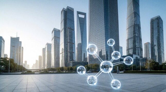 Modern city skyline with tall skyscrapers, digital molecular structure overlay. High tech concept shows science, data connection in urban business district. Futuristic network technology meets