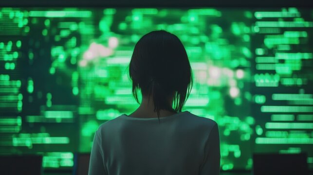 Woman Programmer Working in Front of Digital Green Code Screen