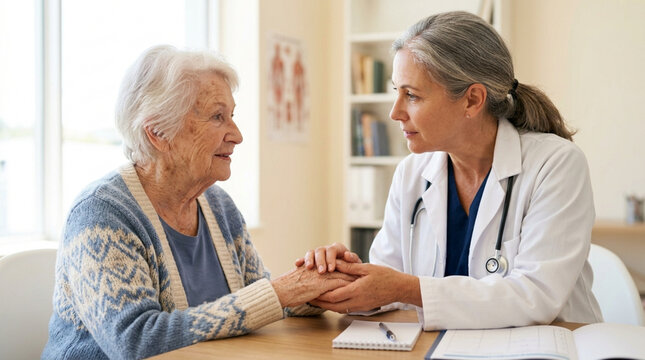 Doctor comforting elderly patient during medical consultation