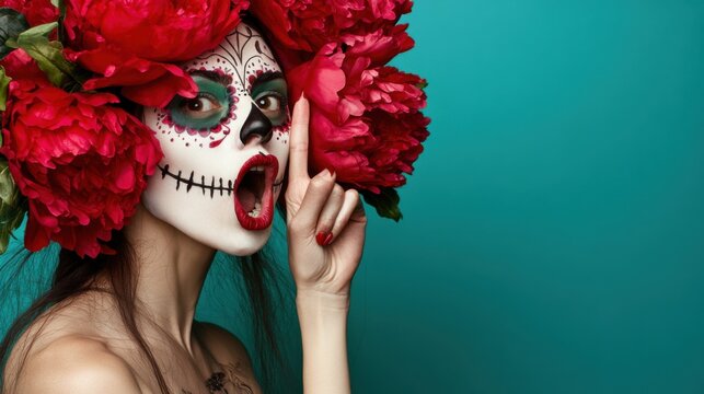 Woman with Sugar Skull Makeup and Red Flowers for Day of the Dead