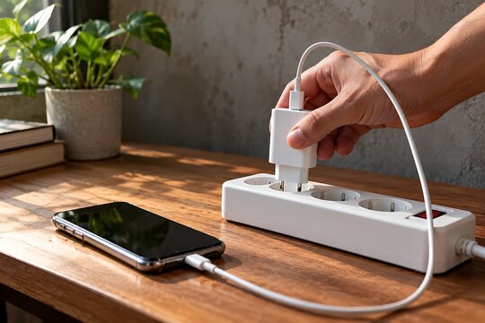 Hand plugging phone charger into power strip on table
