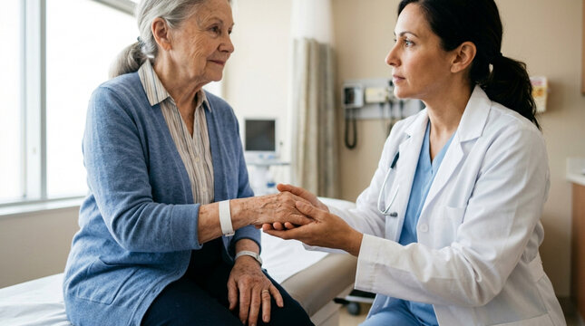 Doctor comforting elderly patient in hospital room, holding hands