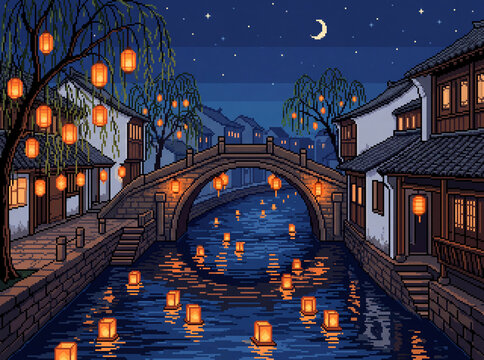 Pixel art lantern festival night at an old town canal with a stone arch bridge, floating lanterns and willow trees