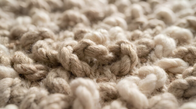 A macro close-up background of a dense, hand-tufted chunky loop wool rug, showing thick textured yarn loops and tactile weaving details, warm oatmeal and unbleached ivory color palette 