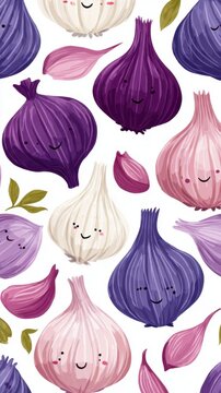 A whimsical pattern featuring smiling garlic bulbs in various colors and shapes