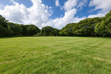 Naklejka premium The Open Field Under a Bright Sky With Lush Green Trees