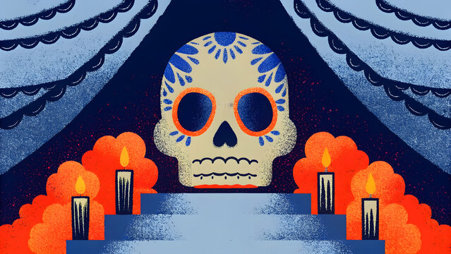 Sugar skull design placed above illuminated memorial candles. Festive Day of the Dead celebration and cultural heritage. Decorated skull head resting on tiered platform flanked by burning flames