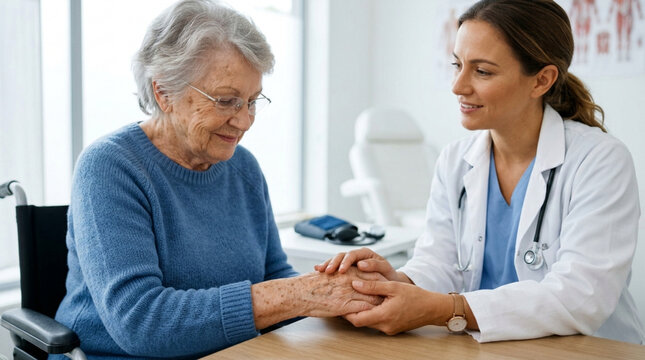 Doctor comforting elderly patient in wheelchair, caring medical consultation