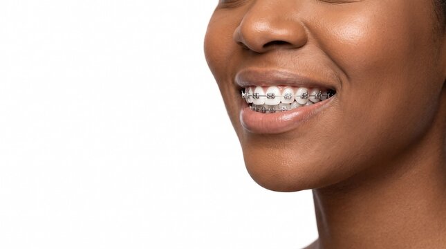 black woman in side angle smiling with brilliant white teeth and professional orthodontic braces for sophisticated dental advertising