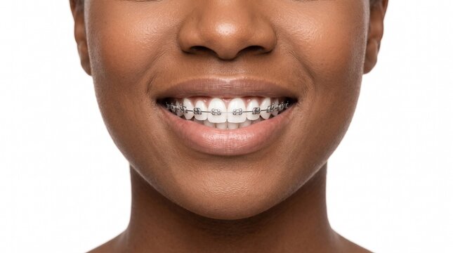 black woman smiling with brilliant white teeth and professional orthodontic braces in a centered dental advertising portrait