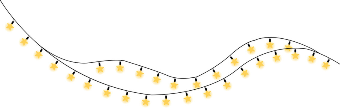 Yellow star shaped fairy lights hanging on a wire for decoration