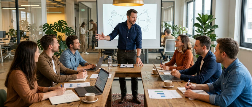 Team Meeting Presentation: Man Leading Discussion in Modern Office