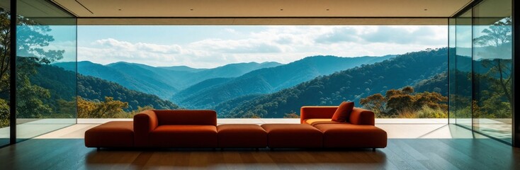 Fototapeta premium Modern luxury living room with orange sofa faces huge glass window. Panoramic view of blue mountain landscape, green forest. Interior design features minimal furniture, large terrace balcony.