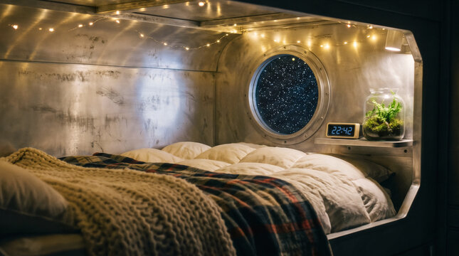 Spaceship quarters bedroom featuring a bed with blankets, illuminated string lights, and a round porthole window displaying outer space stars. AI