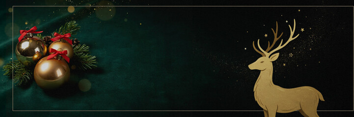 Merry Christmas background with gold baubles, red bows, fir branches, pine cones and golden reindeer illustration on dark green velvet and black banner with thin gold frame, copy space for text, greet © ale studio 