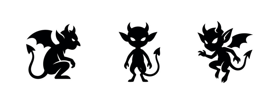 Set of small devil and imp silhouettes, mischievous hellish creatures icons for halloween design