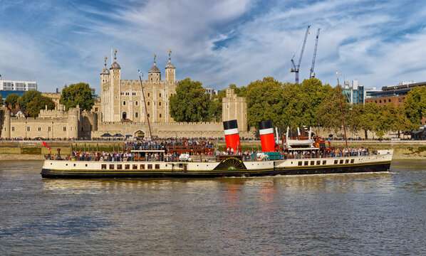 The Paddle Steamer Waverley on the River Thames at The Tower of London England UK
