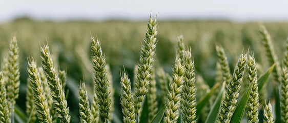 Fototapeta premium Close-up of green unripe wheat ears in a field