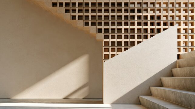 Minimal architectural interior with perforated brick wall and concrete staircase for modern architecture design background and texture study